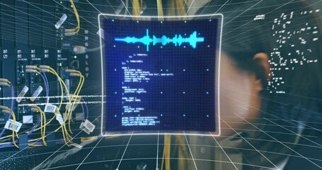 Poster - Animation of data processing over screens over caucasian woman checking servers