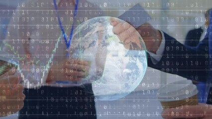 Poster - Animation of globe and binary code over diverse businesspeople shaking hands