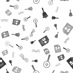 Poster - Set Ringing bell, Calculation, Test or exam sheet and Open book on seamless pattern. Vector