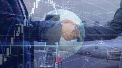 Poster - Animation of globe and graphs over diverse businesspeople shaking hands