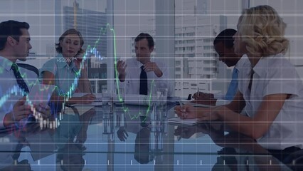 Poster - Animation of financial graphs over diverse businesspeople having meeting in office