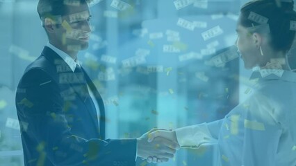 Poster - Animation of falling money over diverse businesspeople shaking hands