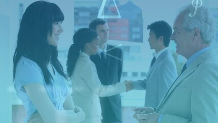 Poster - Animation of shapes over diverse businesspeople talking in office