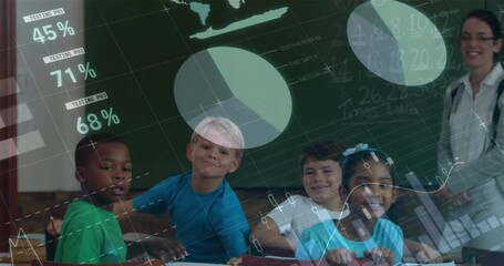 Wall Mural - Animation of data processing over diverse group of pupils with female teacher