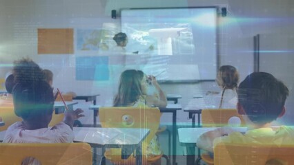 Poster - Animation of moving screens over diverse group of pupils with female teacher
