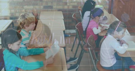 Poster - Animation of data processing over diverse group of pupils with female teacher