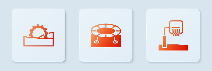 Sticker - Set Jumping trampoline, Ferris wheel and Basketball backboard. White square button. Vector