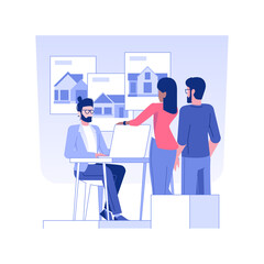 Poster - Real estate agent consulting clients isolated concept vector illustration. Professional real estate agent talking with clients, contracting broker, consulting people process vector concept.