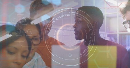 Poster - Round scanner and dat processing against diverse office colleagues discussing over memo notes