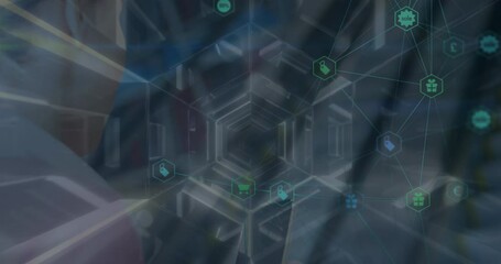 Poster - Network of digital icons and hexagonal tunnel against caucasian businesswoman using smartphone