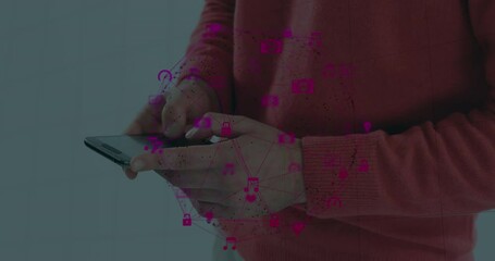 Poster - Globe of digital icons spinning against mid section of a person using smartphone