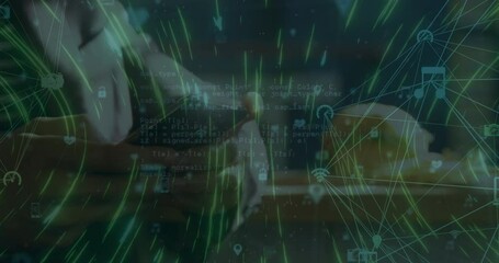 Poster - Light trails spinning and two globes of digital icons over mid section of a person using smartphone