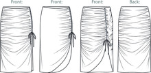 Vector Midi Skirt With Gathering Detail Fashion CAD, Woman Jersey Or Woven Fabric  Smocked Long Skirt With Side Slit Technical Drawing, Flat, Sketch, Template, Mock Up. Front Back View, White Color