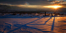 Sunrise Or Sunset Sunlight Fenceposts Shadows Across The Snow Ground