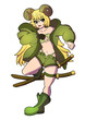 Cute satyr girl drawn in anime style. She has twisted horns, blond hair, a puffed-up green jacket, short light green shorts, two katanas on her back.
