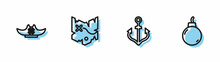 Set Line Anchor, Pirate Hat, Treasure Map And Bomb Ready To Explode Icon. Vector