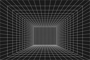 Poster - Perspective wireframe grid room. Interior digital box, grid tunnel geometry on black background. Network cyber technology. Vector illustration.