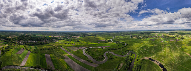Wall Mural - Curvy River NIda and Farmlands. Drone Panorama. Polish Countryside
