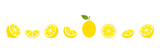Lemon cut slices vector set. Whole, half and slice chopped lemon fruit flat collection. Citrus elements group. Illustration isolated on white background.