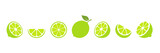 Lime cut slices vector set. Whole, half and slice chopped lime fruit flat collection. Citrus elements group. Illustration isolated on white background.