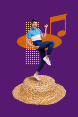 Wall Mural - Vertical collage picture of overjoyed person standing big straw sunhat dance play imagine guitar