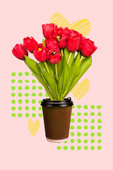 Sticker - Vertical collage image of bouquet fresh tulips flowers coffee cup instead vase isolated on creative background