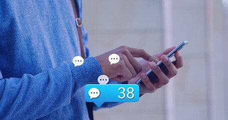Poster - Animation of social media reaction over hands of caucasian man using smartphone
