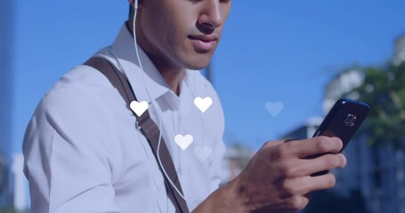Poster - Animation of social media reaction over hands of caucasian man using smartphone
