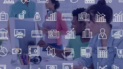 Poster - Animation of financial icons over diverse people working in office