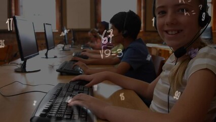 Poster - Animation of scientific formulas over happy caucasian boy using computer