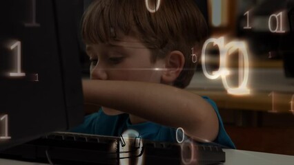 Canvas Print - Animation of binary code over caucasian boy using laptop