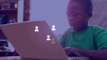 Poster - Animation of social medial icons over happy african american boy using laptop at school