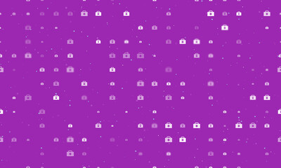 Poster - Seamless background pattern of evenly spaced white first aid symbols of different sizes and opacity. Vector illustration on purple background with stars