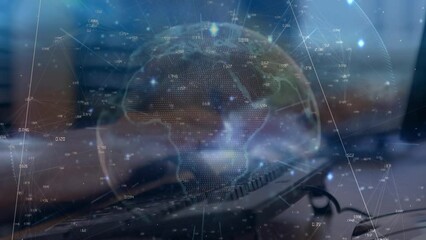 Poster - Animation of connections with globe over hands of caucasian student typing on computer at school