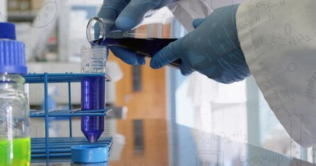 Poster - Animation of chemical formulas over hands of lab worker with samples