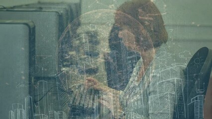Poster - Animation of connections with globe over caucasian female teacher working on computer at school