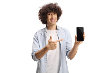 Sticker - Cheerful young man showing a mobile phone and pointing