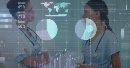 Poster - Animation of financial data processing over two diverse female doctors