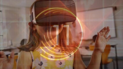 Poster - Animation of mathematical formulas over caucasian schoolgirl wearing vr headset