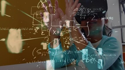 Canvas Print - Animation of mathematical formulas over african american schoolgirl wearing vr headset