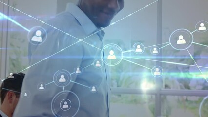 Poster - Network of profile icons against group of diverse businesspeople using electronic devices at office