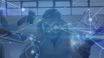 Poster - Animation of caucasian businessman surrounded with diverse business items having headache