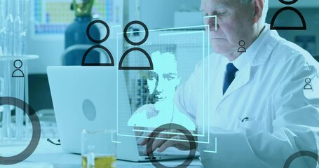 Poster - Animation of media and people icons over caucasian male scientist in lab