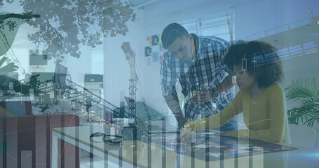 Poster - Animation of financial data processing over diverse business people in office and cityscape