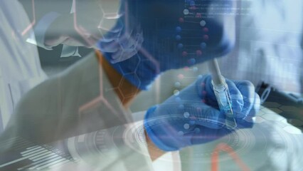Poster - Animation of dna strand and data processing over caucasian scientist in lab