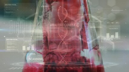 Poster - Animation of dna strand and data processing over caucasian scientist in lab