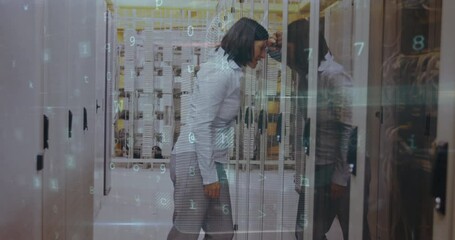 Poster - Animation of data processing over biracial female worker in server room