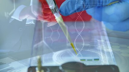 Poster - Animation of dna strand and data processing over caucasian scientist in lab