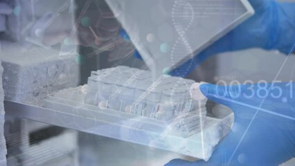 Poster - Animation of dna strand and data processing over caucasian scientist in lab