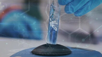 Poster - Animation of dna strand and data processing over caucasian scientist in lab